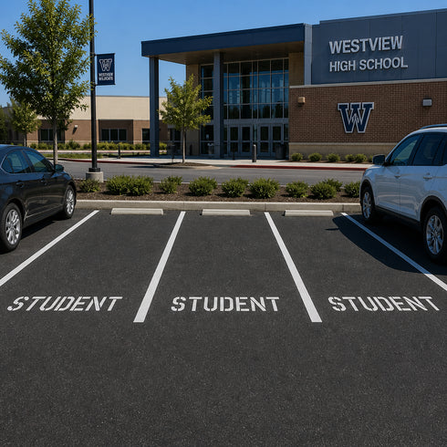 Student Parking Lot Stencil applied to parking spaces in a High School Parking Lot.
