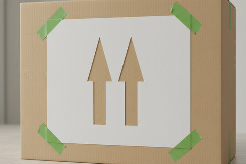 This End Up Arrows being applied to a shipping box
