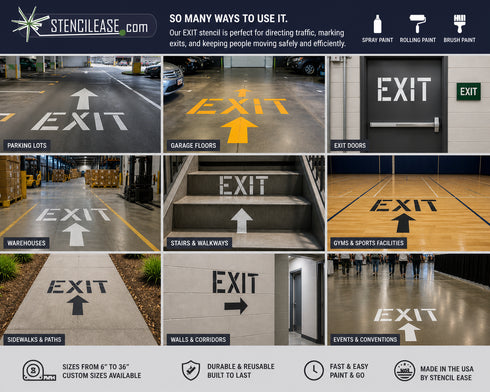 Collage of exit signs in various settings with Stencil Ease branding.