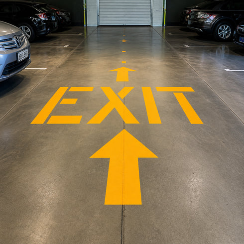 Yellow 'EXIT' sign with an arrow on a concrete floor in a parking garage.