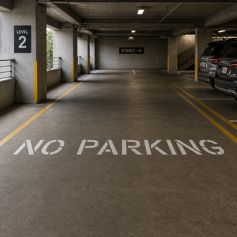 No Parking Stencil applied to a no parking area in a parking garage