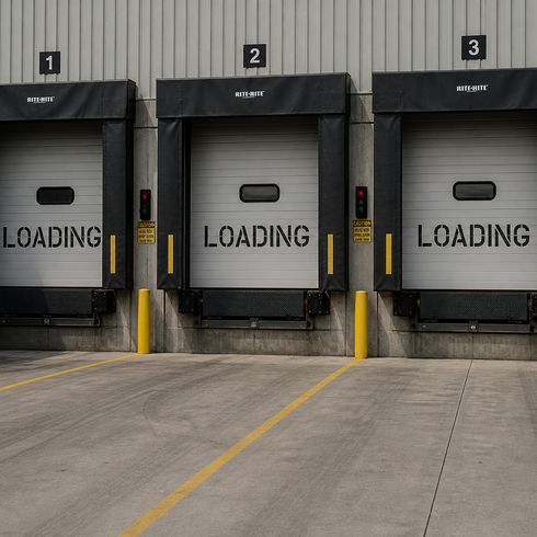 Loading stencil applied to the front of loading docks at a warehouse