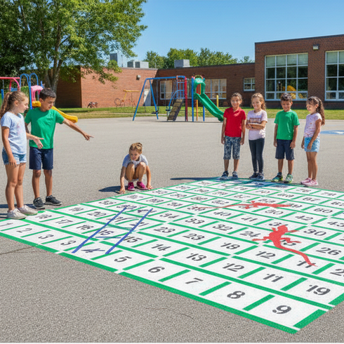 Children playing on a large number grid on a school playground.