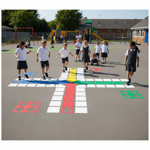 Children playing hopscotch on a playground with colorful grid markings.