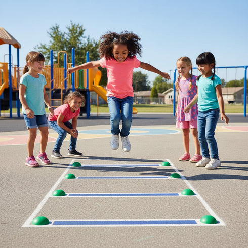 Children playing hop on a playground