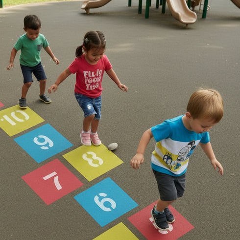 Children playing hopscotch on a playground with colorful squares.