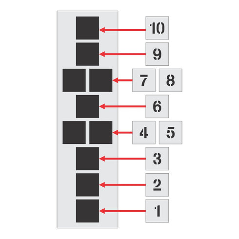 Sheet of labels with black squares and numbered white squares, arranged vertically.