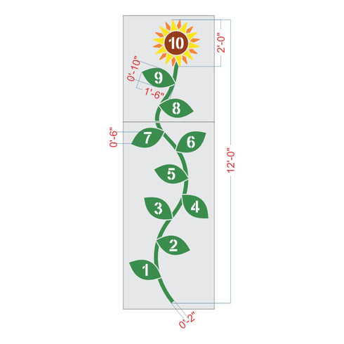 Hopscotch with sunflower design and measurement scale on a white background