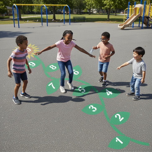 Children playing on a playground with hopscotch flower on the ground