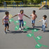 Children playing on a playground with hopscotch flower on the ground