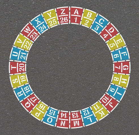 Circular arrangement of letters and numbers on a gray background