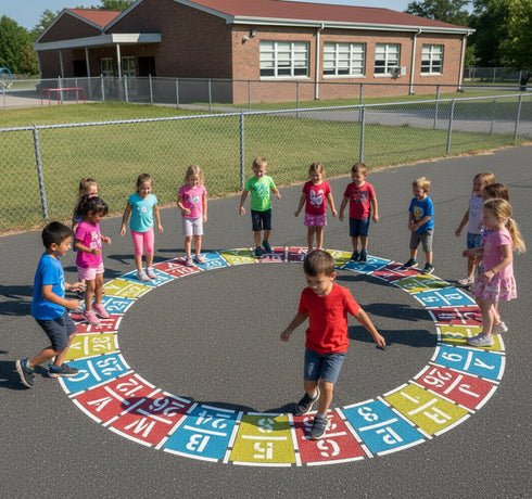 Children playing on a colorful alphabet-themed playground surface in front of a school building.