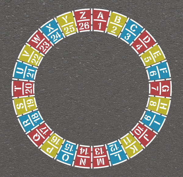 Circular arrangement of letters and numbers on a gray background
