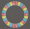 Circular arrangement of letters and numbers on a gray background