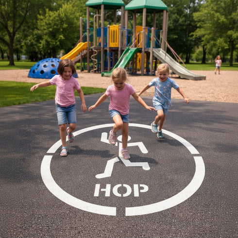 Children playing on the Hop Fitness Circle on a playground pavement sruface.