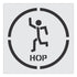 Symbol of a person hopping with 'HOP' text inside a circle on a white background