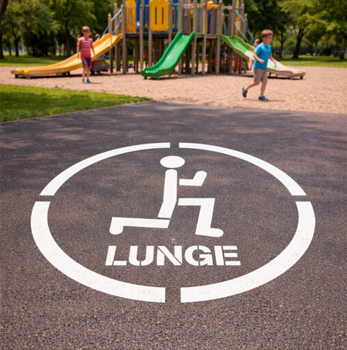 Lunge symbol on a playground surface with children playing in the background