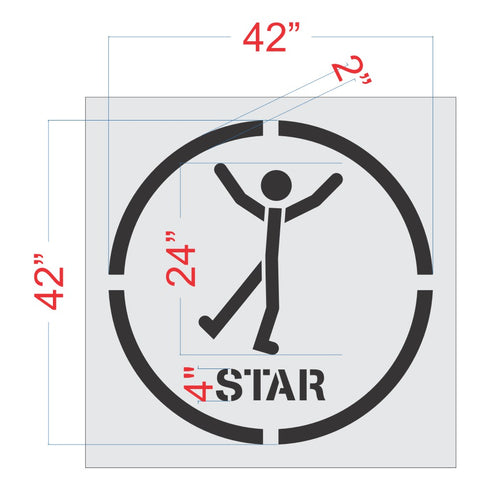 Measurement chart of a circular logo with a stick figure and '4 STAR' text, showing dimensions.