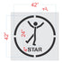 Measurement chart of a circular logo with a stick figure and '4 STAR' text, showing dimensions.