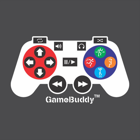 Game controller design with 'GameBuddy' branding on a gray background