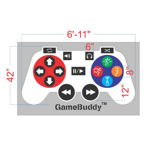 Diagram of a GameBuddy controller with labeled dimensions on a white background