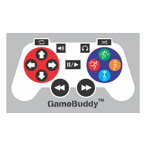 GameBuddy controller sticker with red and blue button layout on a gray background