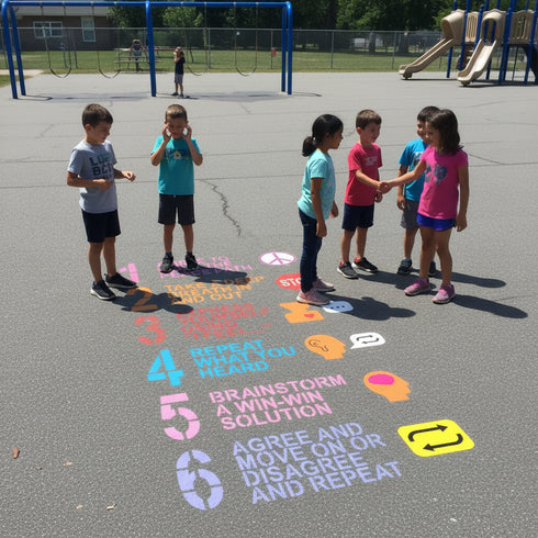 Children standing around a series of numbers and problem-solving steps on a playground surface.