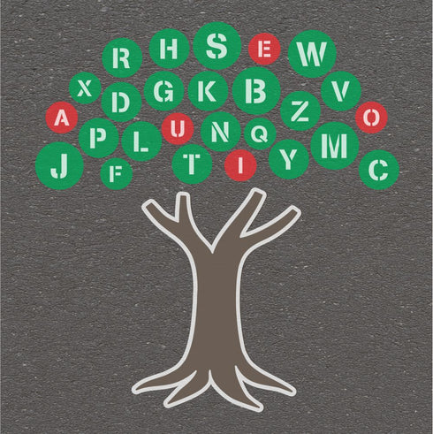 Tree with letters of the alphabet in a circle above it on a gray background