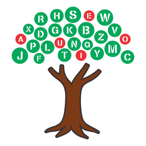 Tree with letters of the alphabet in a circular pattern above it on a white background