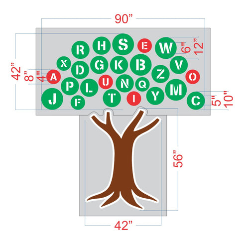 Tree-shaped sign with alphabet letters and dimensions on a white background