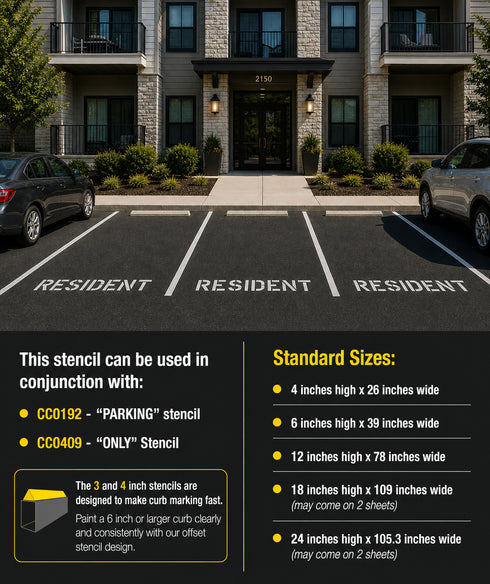 Available Dimensions and size suggestions for the Resident Parking Lot Stencil