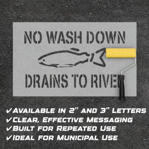 Sign with 'No Wash Down Drains to River' text and fish icon on a dark background