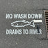Stenciled warning on a sidewalk about not washing down drains to a river