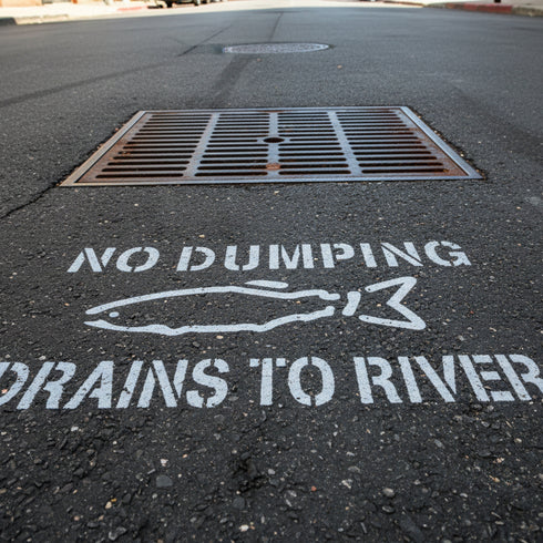 Environmental message with fish icon and text 'No Dumping Drains to River' on a white background