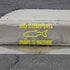 Yellow 'No Dumping Drains to Waterway' sign with a fish outline on a white background
