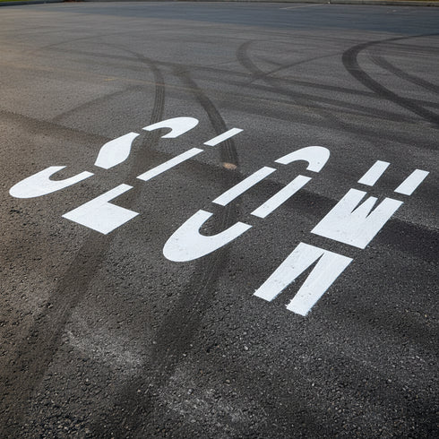 White text on a black asphalt surface with tire marks