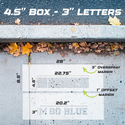 Measurement for the 3" Go Blue Curb Painting Stencil.