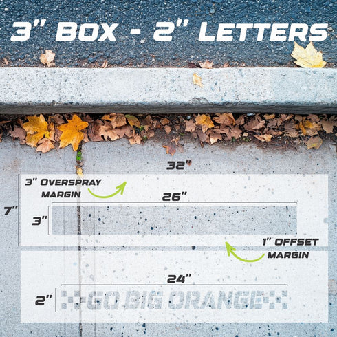 Measurement chart for the 2" Go Big Orange Curb Painting Stencil.