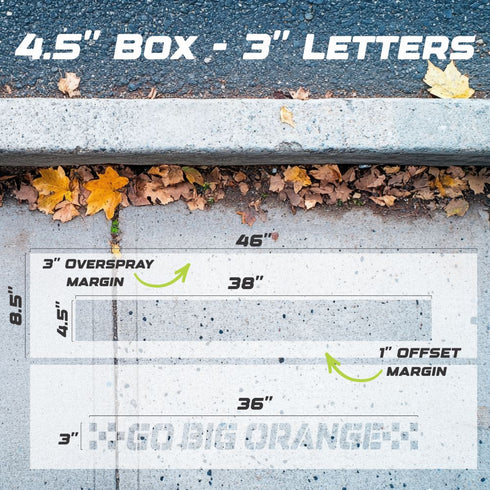 Measurement chart for the 3" Go Big Orange Curb Painting Stencil.