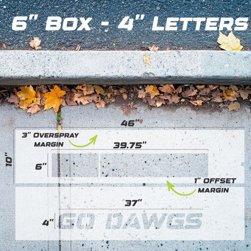 Measurement chart for the 4" Go Dawgs Curb Painting Stencil.