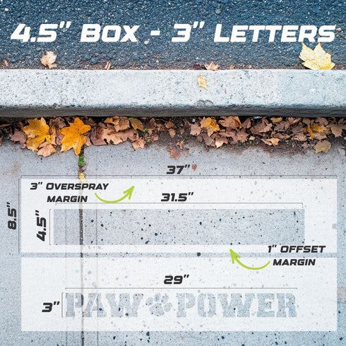 Measurement chart for the 3" Paw Power Curb Painting Stencil.