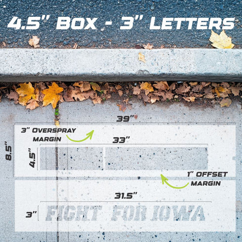 Measurement chart for 4.5-inch box with 3-inch Fight for Iowa Curb Painting Stencil