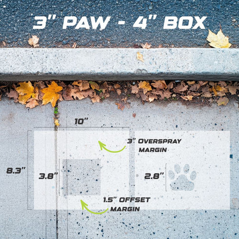 Measurement chart for 3" paw and 4" box on a concrete surface with leaves.