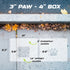 Measurement chart for 3" paw and 4" box on a concrete surface with leaves.