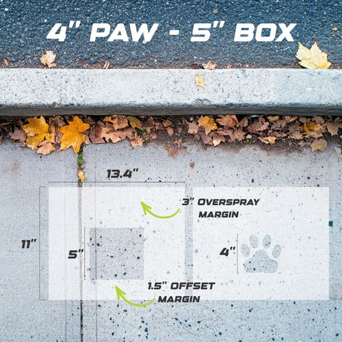 Measurement chart for 4" paw and 5" box on a concrete surface with leaves.