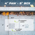 Measurement chart for 4" paw and 5" box on a concrete surface with leaves.