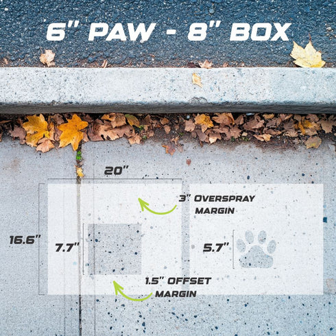 Measurement chart for 6" paw and 8" box on a concrete surface with leaves.