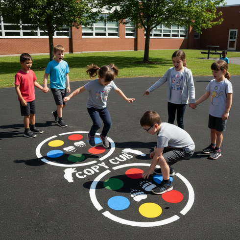 Children playing around a colorful hopscotch grid on a playground.