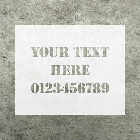 Custom magnetic stencil template with text placeholder and numbers on a textured concrete background.