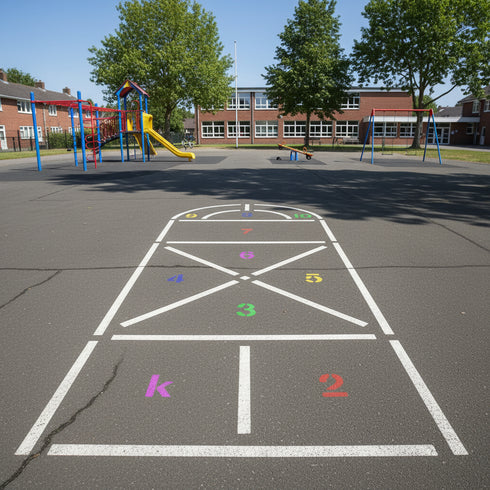 Playground with hopscotch grid and colorful playground equipment.